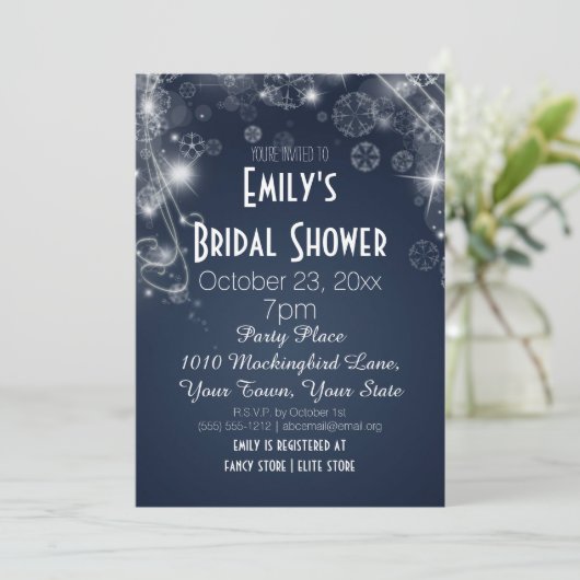 青及び白い冬の不思議の国のテーマのブライダルシャワー 招待状 (スタンド正面)