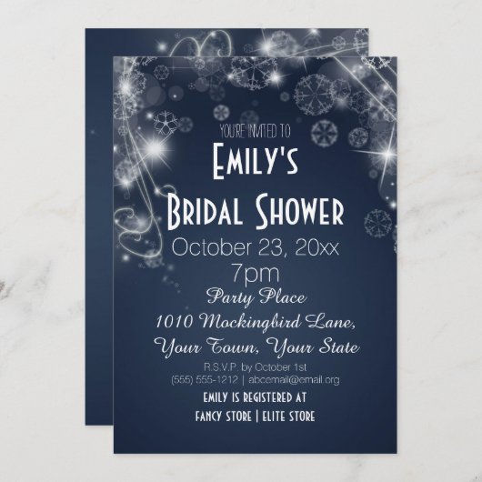 青及び白い冬の不思議の国のテーマのブライダルシャワー 招待状 (正面/裏面)