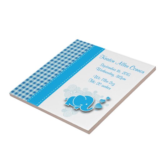 青及び白い格子縞のベビー象の誕生情報 タイル (側面)