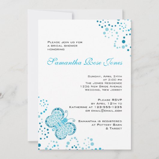 青及び白い蝶点描のブライダルシャワー 招待状 (正面)