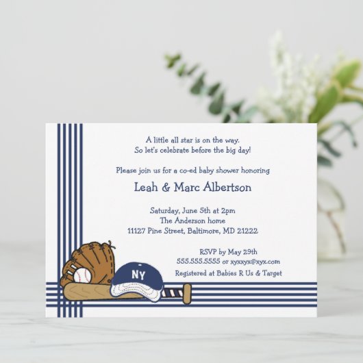 青及び白い野球のベビーシャワー/誕生会 招待状 (スタンド正面)