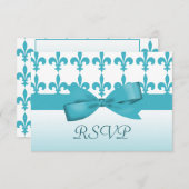 青及び白い（紋章の）フラ・ダ・リの結婚 出欠カード (正面/裏面)