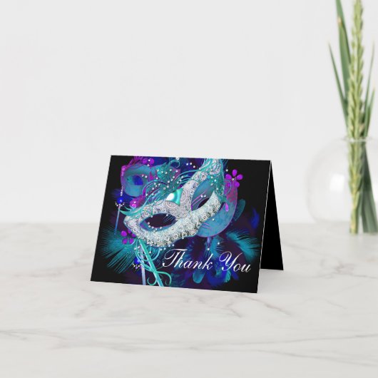 青及び紫色のマスクの仮面舞踏会のサンキューカード サンキューカード (正面)