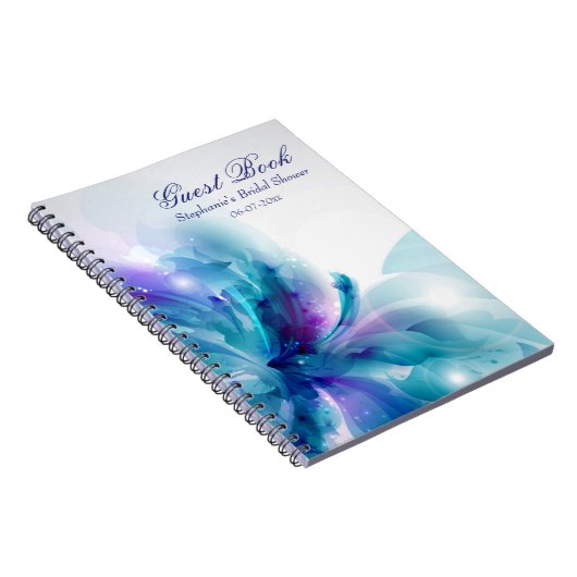 青及び紫色の抽象的な花のシャワーの来客名簿 ノートブック (右側)