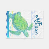 青及び緑のウミガメ フリースブランケット (正面(横))