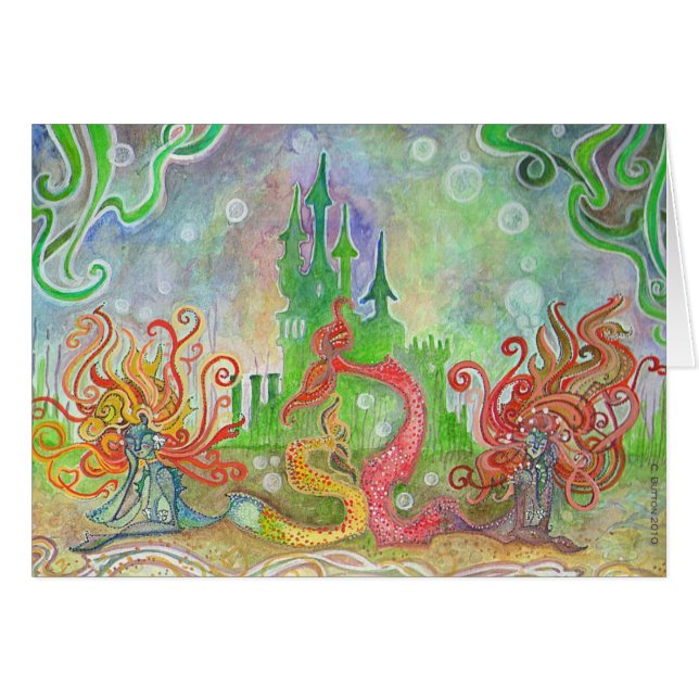 青及び緑の水彩画の人魚の礁湖- (正面横)