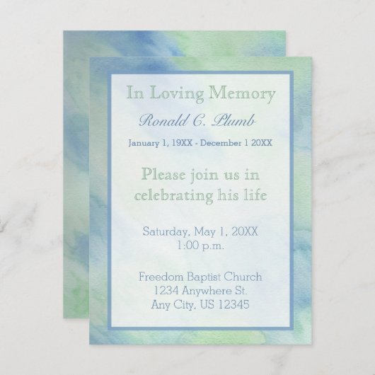 青及び緑の水彩画の葬式|の告別式 招待状 (正面/裏面)