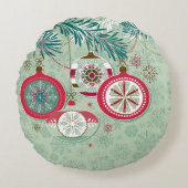 青及び赤いレトロのクリスマスオーナメント ラウンドクッション (正面)