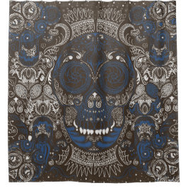 青及び赤砂糖のスカルの線画 シャワーカーテン