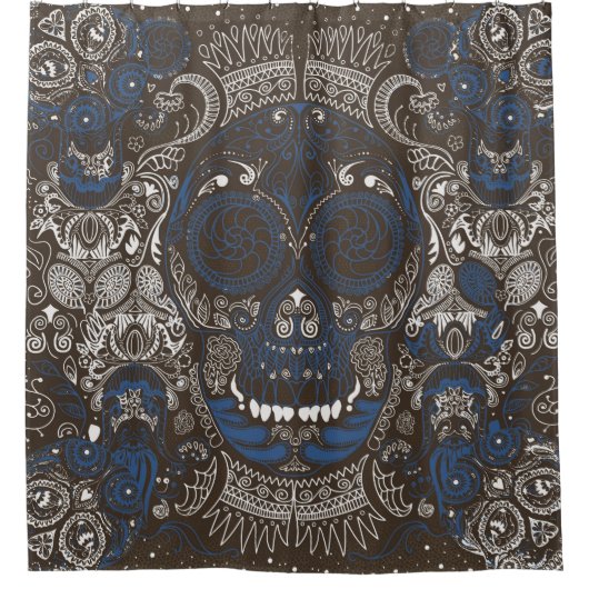 青及び赤砂糖のスカルの線画 シャワーカーテン (正面)