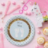 青及び金ゴールドのグリッターのパーソナライズな紙皿 ペーパープレート (パーティー)