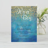 青及び金ゴールドのグリッターはベビーシャワーの招待を振りかけます 招待状 (スタンド正面)