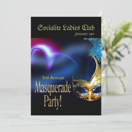 青及び金ゴールドのベニス風の仮面舞踏会衣裳のパーティー 招待状 (スタンド正面)