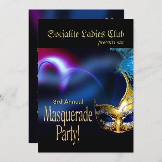 青及び金ゴールドのベニス風の仮面舞踏会衣裳のパーティー 招待状 (正面/裏面)