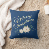 青及び金ゴールドのメリークリスマス及び白いポインセチア クッション (ブランケット)