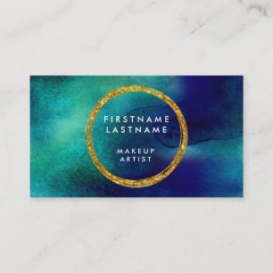 青及び金ゴールドの水彩画のサロンおよびメーキャップアーティスト 名刺
