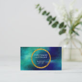 青及び金ゴールドの水彩画のサロンおよびメーキャップアーティスト 名刺 (スタンド正面)