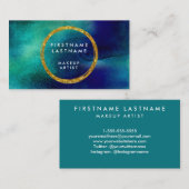 青及び金ゴールドの水彩画のサロンおよびメーキャップアーティスト 名刺 (正面/裏面)