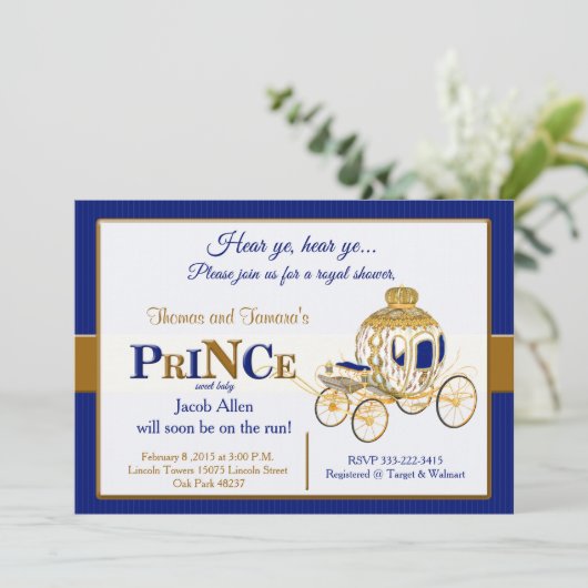 青及び金ゴールドの王室のな王子のベビーシャワーの招待 招待状 (スタンド正面)