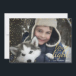 青及び金ゴールドのSnowy愛及び軽いハヌカーの写真カード シーズンカード<br><div class="desc">スタイリッシュで、かわいいハヌカーの休日の写真カードはすべてのあなたの友人および家族のために完全この休暇の季節です。  特徴の背部の金ゴールドの星そして雪片が付いている背部の青い水彩画のペンキの打撃。  前部にあります金ゴールドの雪片および金ゴールド"愛およびライトが"。  あなたの姓および年の文字をカスタマイズ、あなたの子供、ペット、または家族全員の写真のために写真を交換して下さい。</div>