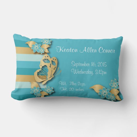 青及び金ゴールドはベビーのための蝶と縞で飾ります ランバークッション (正面)