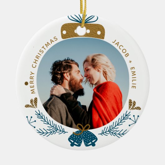 青及び金ゴールド|のつまらないもののメリークリスマスのカスタムの写真 セラミックオーナメント (正面)