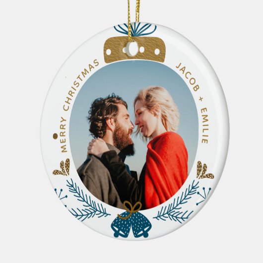 青及び金ゴールド|のつまらないもののメリークリスマスのカスタムの写真 セラミックオーナメント (左)