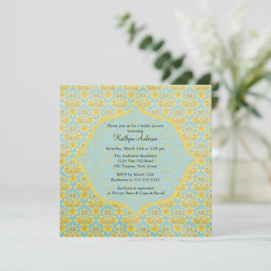 青及び黄色のダマスク織のブライダルシャワーの招待状 招待状 (スタンド正面)