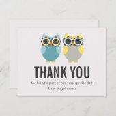 青及び黄色のフクロウのデザインの結婚式のサンキューカード サンキューカード (正面/裏面)