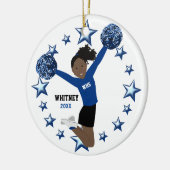 青及び黒の黒髪のポニーテールPom Poms セラミックオーナメント (左)