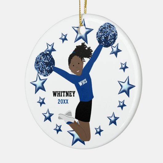 青及び黒の黒髪のポニーテールPom Poms セラミックオーナメント (左)