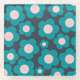 青名門私立校風のピンクのヒッピー花柄 ガラスコースター