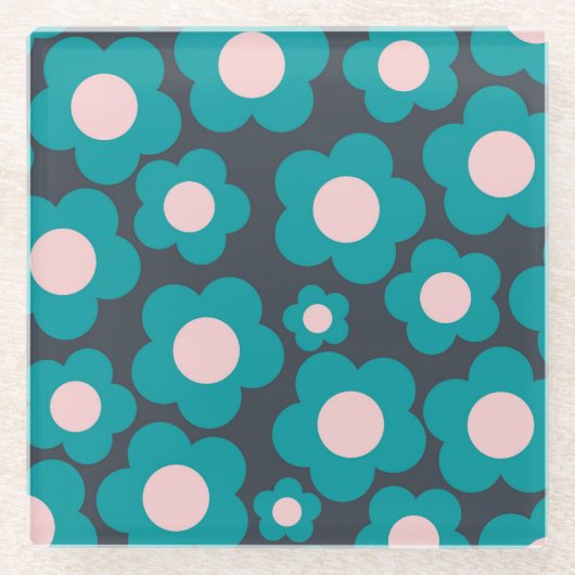 青名門私立校風のピンクのヒッピー花柄 ガラスコースター (正面)