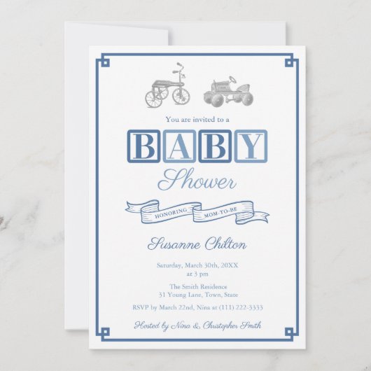 青名門私立校風の白ヴィンテージおもちゃ赤ちゃんシャワーパーティー 招待状 (正面)