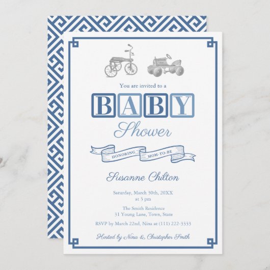 青名門私立校風の白ヴィンテージおもちゃ赤ちゃんシャワーパーティー 招待状 (正面/裏面)