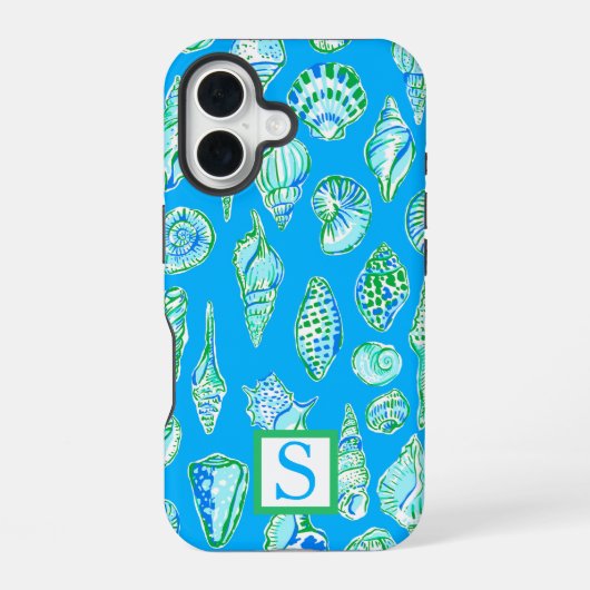 青名門私立校風の背景モノグラムの貝殻 iPhone 16ケース (裏面)