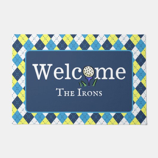 青名門私立校風の黄パーソナライズゴアーガイルルフウェルカム ドアマット (正面)