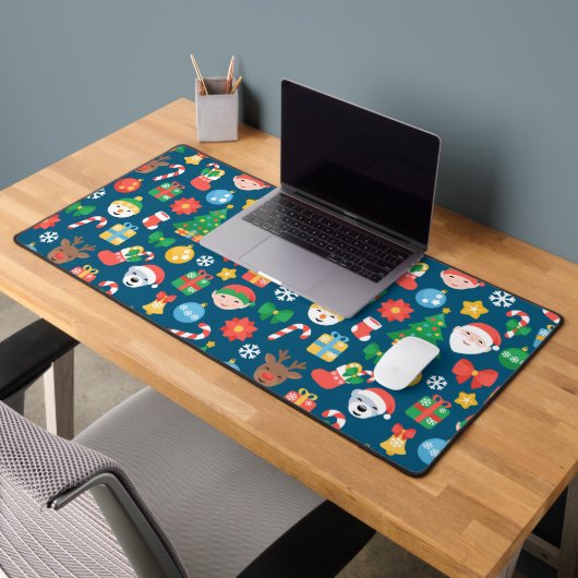 青地の元気なクリスマスパターン デスクマット (オフィス2)