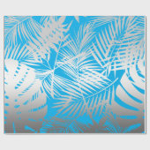 青地の銀色の熱帯の葉のジャングル模様 ラッピングペーパー (フラット)