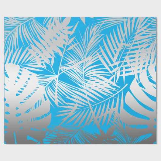 青地の銀色の熱帯の葉のジャングル模様 ラッピングペーパー (フラット)