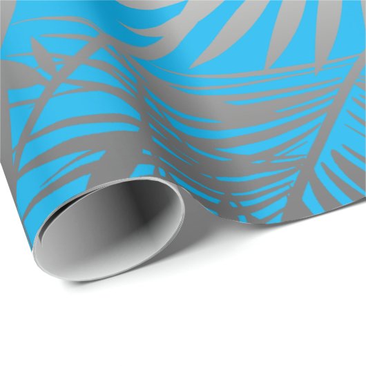 青地の銀色の熱帯の葉のジャングル模様 ラッピングペーパー (ロールコーナー)