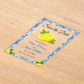 青地中海のいタイルの結婚式の日付を保存 アクリル招待状 (レイダウン)