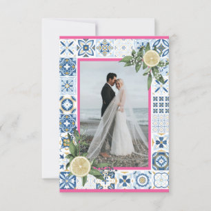 青地中海のいタイルピンクレモンフォトカード 招待状