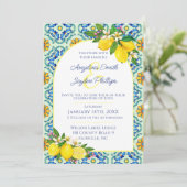 青地中海のと黄色のタイルのレモ結婚ン 招待状 (スタンド正面)