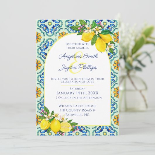青地中海のと黄色のタイルのレモ結婚ン 招待状 (スタンド正面)