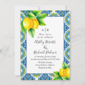 青地中海のと黄色のタイルのレモ結婚ン 招待状 (正面)