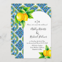 青地中海のと黄色のタイルのレモ結婚ン 招待状