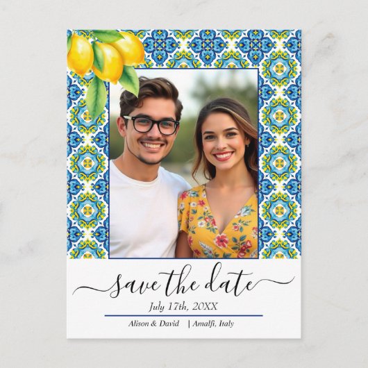 青地中海のと黄色のタイル結婚のレモン 案内ポストカード (正面)