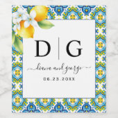 青地中海のと黄色のタイル，レモ結婚ン ワインラベル (シングルラベル)