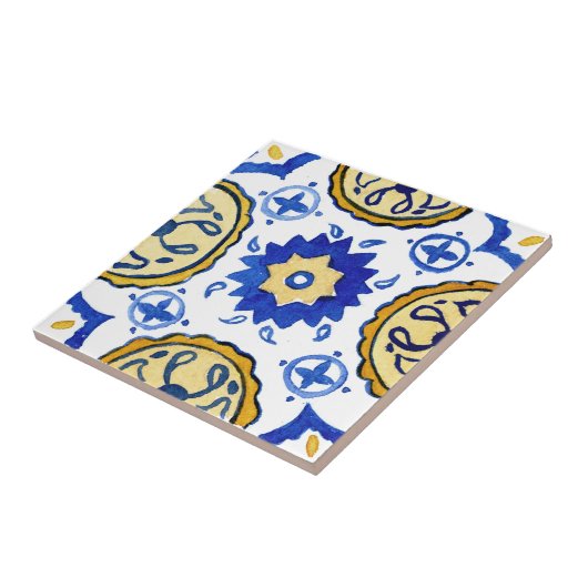 青地中海のと黄色のパターン(の模様が)ある水色 タイル (側面)